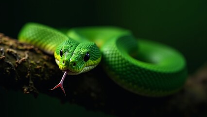Fototapeta premium Emerald Serpent Coiled on Branch, A vibrant green snake coils gracefully on a dark branch, its forked tongue extended. The striking contrast of colors and the coiled posture create a sense of mystery