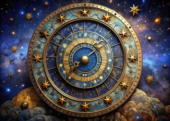Fototapeta premium An intricately designed, antique-style clock face featuring a circular zodiac chart, with Roman numerals and ornate details, set against a subtle, starry night sky background.