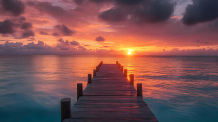 Obraz premium Wooden pier leading to a colorful sunrise over calm ocean water.