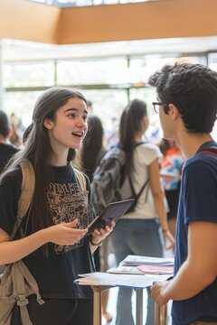A lively student club fair on campus, with students eagerly signing up for different activities. The scene is filled with energy and the sounds of conversations