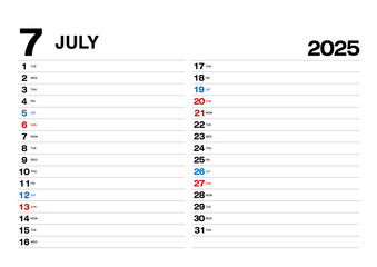 スケジュールが書き込める2025年7月のカレンダー