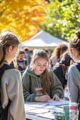 A lively student club fair on campus, with students eagerly signing up for different activities. The scene is filled with energy and the sounds of conversations