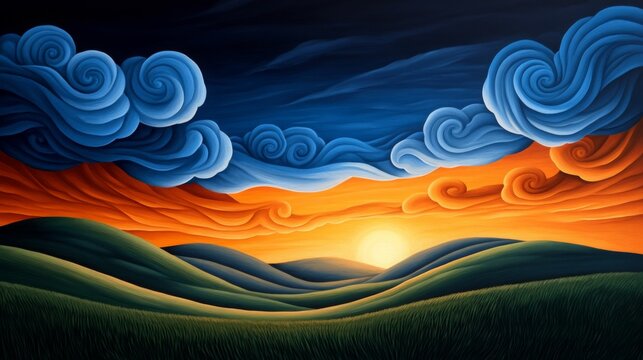 A surreal landscape painting with rolling hills, swirling clouds, and a sunset creating a dreamy atmosphere.