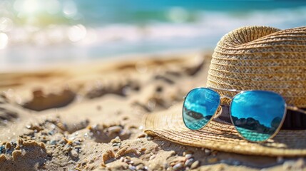 Straw hat and sunglasses on the beach at beautiful summer time. ai generated image