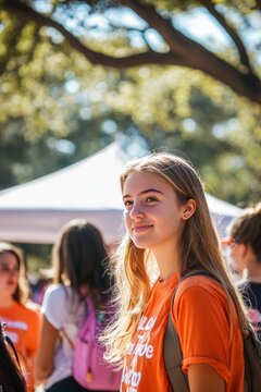 Students are gathered at a club fair on campus, talking to club members and collecting information. The event is a vibrant display of campus life