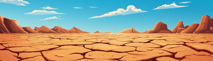 Fototapeta premium Cracked Desert Landscape with Mountains and Blue Sky