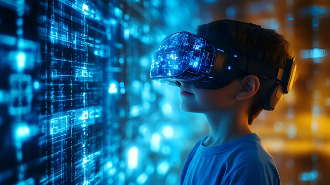 Young boy wearing VR headset exploring a virtual world with blue digital code interface.