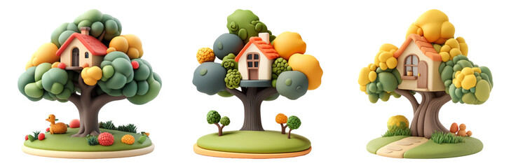 Miniature houses with trees in vibrant colors isolated on transparent background