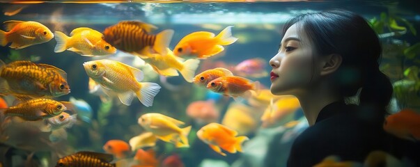 A serene moment of reflection as a woman observes colorful fish swimming gracefully in an aquarium.