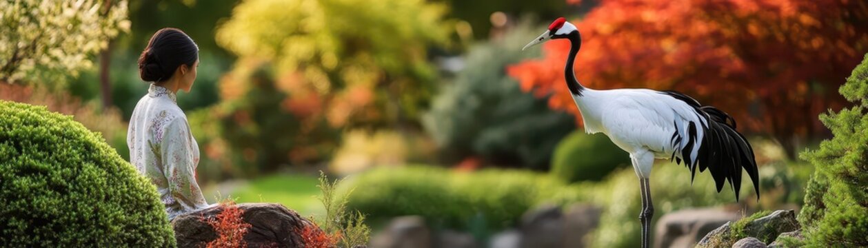 A serene moment in a garden featuring a person meditating near a majestic crane surrounded by vibrant foliage.