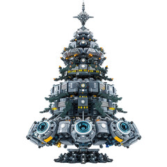 Futuristic Christmas tree with a mechanical design, combining holiday spirit and advanced technology in a unique festive decoration.