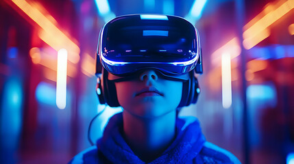 Young person wearing VR headset with blue and red lights in the background.