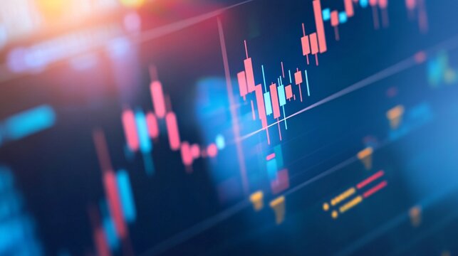 A financial chart with candlestick patterns and moving averages shown on a monitor