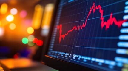 Monitor displaying a financial chart with focus on rising and falling trends in the market