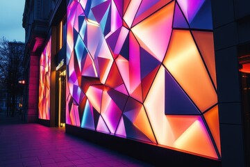 Vibrant illuminated wall design showcasing geometric shapes in contrasting hues of purple, pink, and orange at twilight.