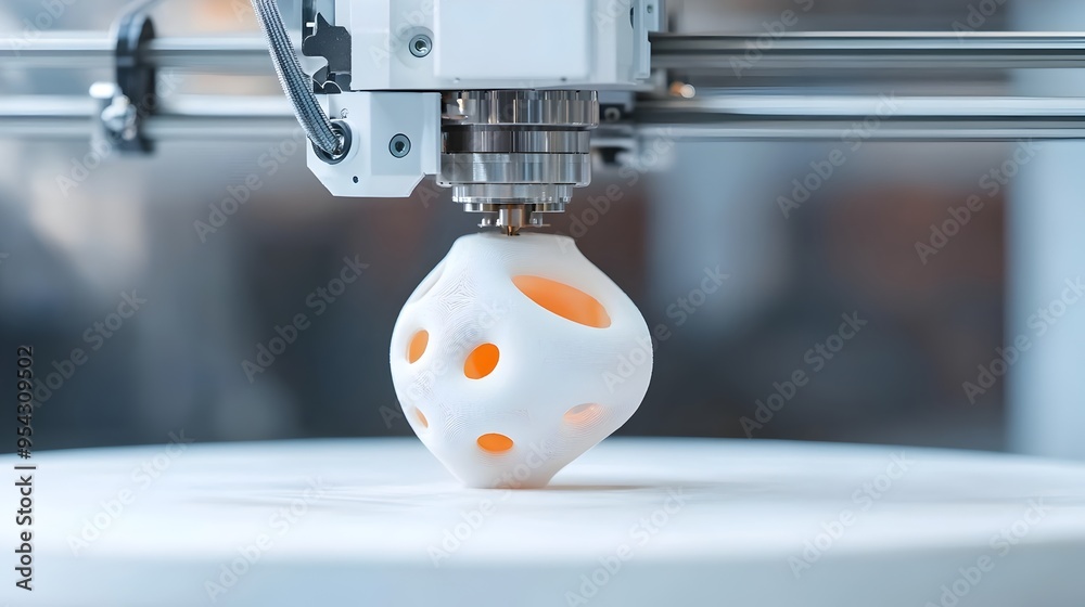 Poster 3d printing process creating complex object with industrial machine