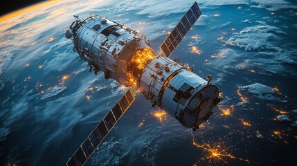 Fototapeta premium Space Station Orbiting Earth with City Lights at Night