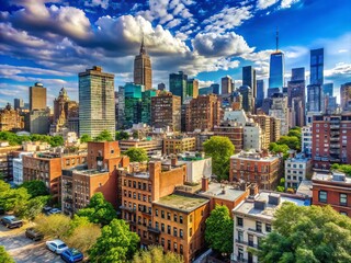 Obraz premium Vibrant cityscape of a bustling Midtown Manhattan neighborhood, with iconic skyscrapers, crowded sidewalks, and