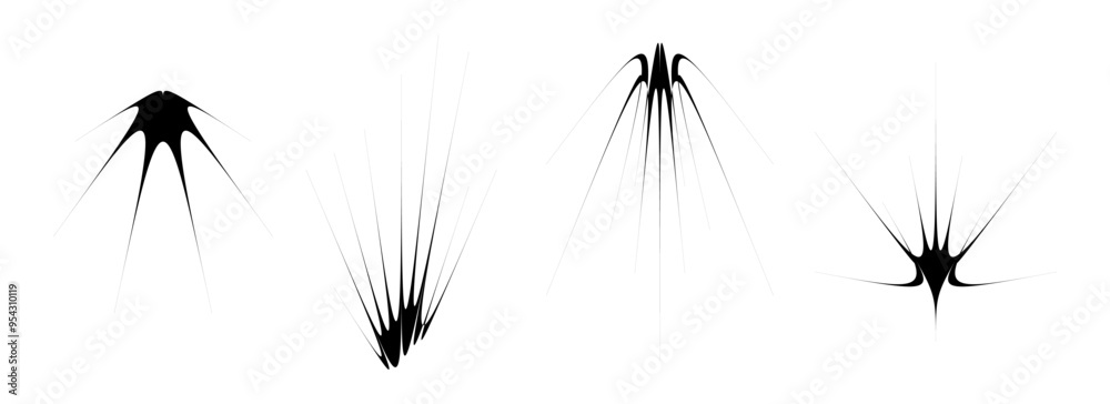 Poster Black thin spiky element set. Abstract sharp thorn shapes and angular twinkles bundle. Futuristic spokes objects for poster, collage, banner, logo, card, icon, label, sticker, badge. Vector