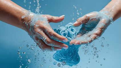 Fototapeta premium Hands covered in blue, bubbly soap lather, with water droplets and bubbles highlighting the cleansing and refreshing qualities against a blue background.