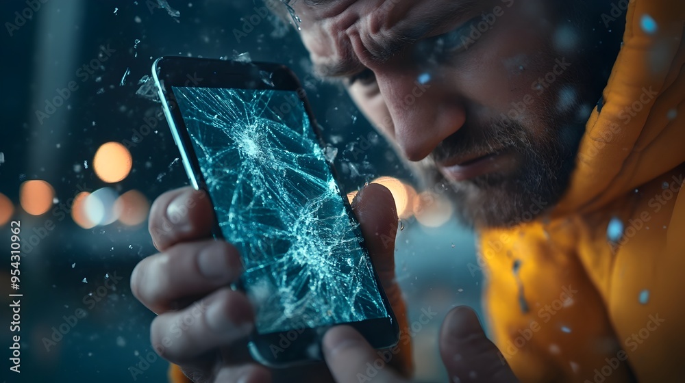 Poster cracked phone screen with frustrated expression in the background