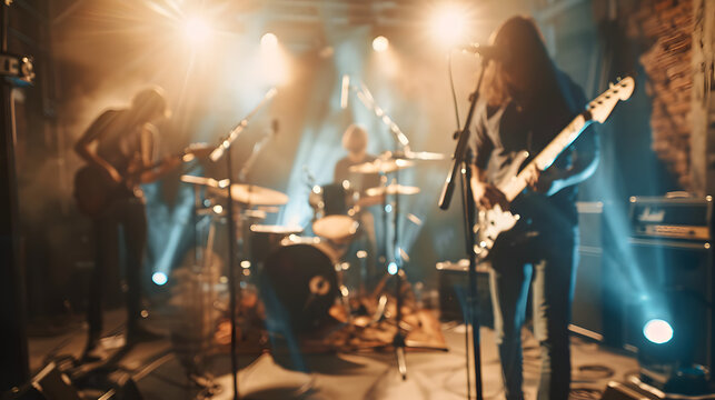A rock band performs in an intimate live venue, surrounded by atmospheric lighting and fog, creating an immersive concert experience with a focus on the electric guitarist