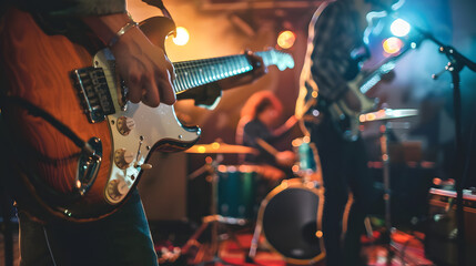 Obraz premium A close-up view of a guitarist playing an electric guitar during a live performance, with the band and drummer visible in the background, bathed in colorful stage lighting