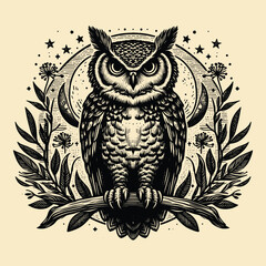 Fototapeta premium owl with old engraving vector style. owl vector illustration retro vintage handwriten style