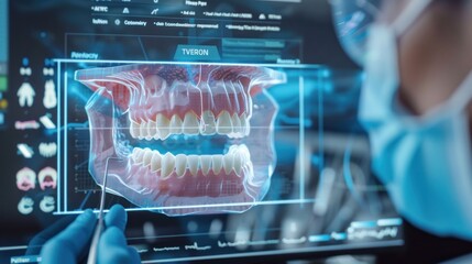 Futuristic dental examination illustration advanced technology allows detailed viewing of teeth.