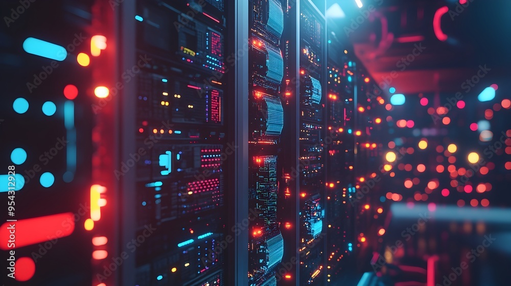 Poster futuristic data center with glowing servers and illuminated network cables