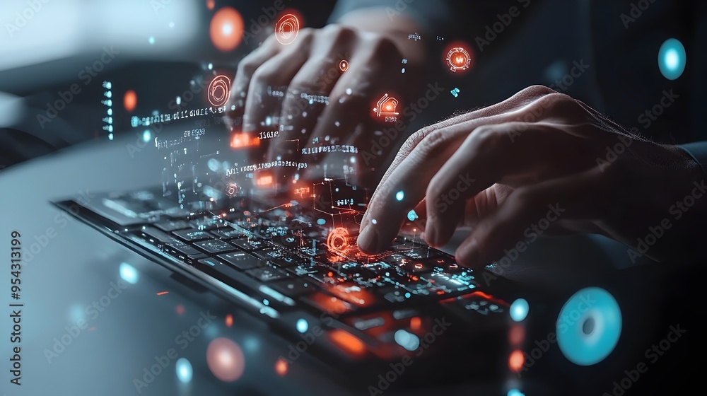 Poster hands typing on holographic keyboard with floating virtual data