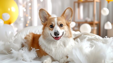 Cute Corgi Being Fanned with Oversized White Feathers