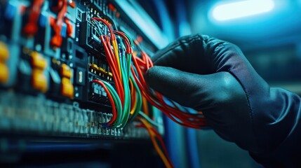 A person is working on a computer network with a green and red wire