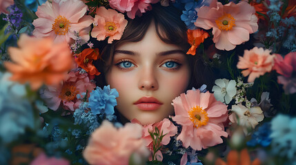 Young woman's face surrounded by a beautiful bouquet of pink and blue flowers.