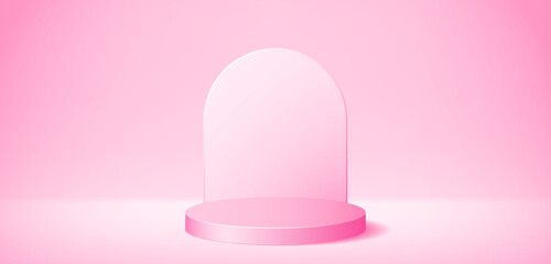 3d pink podium with background arch. Studio cylinder platform stage concept. Soft pedestal valentine scene for poster, banner, mockup design, product template, showcase display. Vector