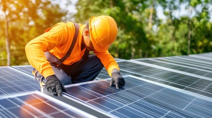 A man in an orange shirt and a hard hat is working on a solar panel