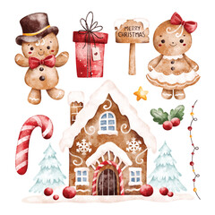 Watercolor Illustration Set of Gingerbread and Christmas Ornaments