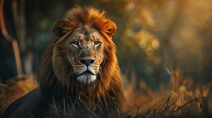 Fototapeta premium Stunning portrait of an african lion gazing at the camera in the savanna wilderness