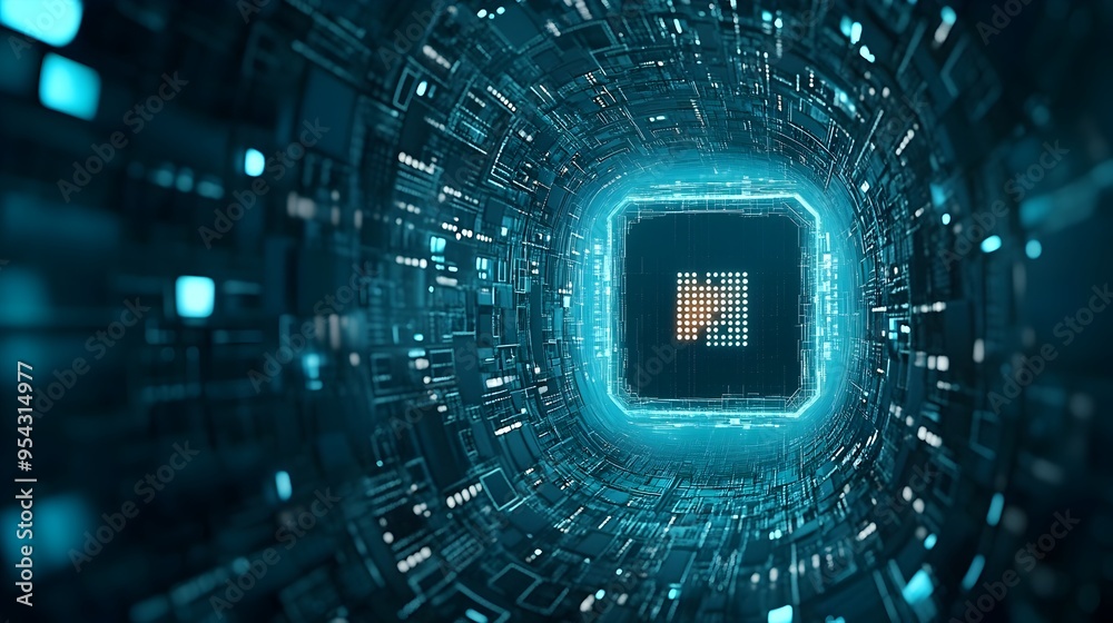 Poster quantum computing concept with complex data flows and calculations