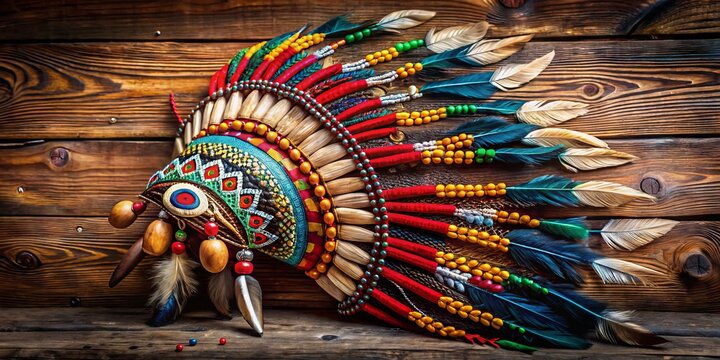 Vibrant colored traditional African headdress adorned with feathers, beads, and shells, resting on a rustic wooden