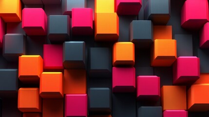 Abstract Geometric Pattern with Orange  Pink  and Black Cubes