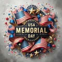 USA Memorial Day, Veterans Day, Independence Day Sale Banner with Flags, Ribbon, Confetti Stars