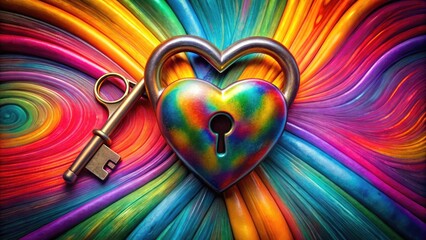 Vibrant colorful background with matching heart-shaped lock and key design, symbolizing unbreakable bond and unity of closest companions and lifelong relationships.