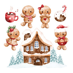 Watercolor Illustration Set of Gingerbread and Christmas Ornaments