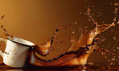 Liquid coffee wave splashing out from a white cup mug. 
