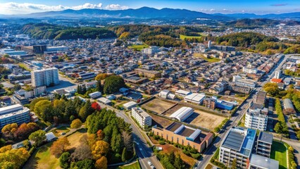 Naklejka premium Aerial view of the cityscape of Soka City, Saitama Prefecture, Japan taken by a drone, Soka City, Saitama, Japan