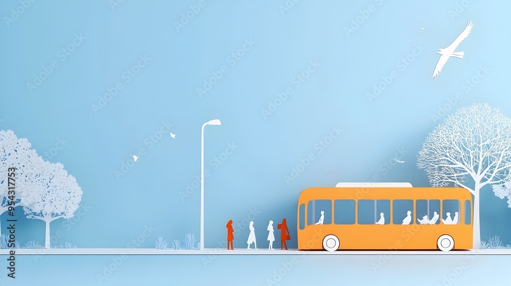 Poster commuters waiting at a paper cut bus stop in minimalist style