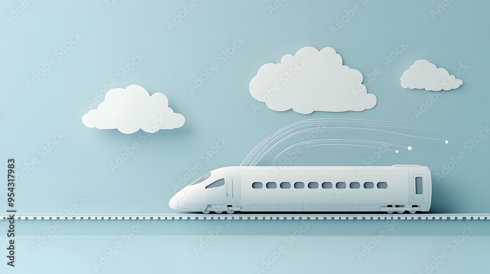 Poster high speed train in dynamic paper cut art representation