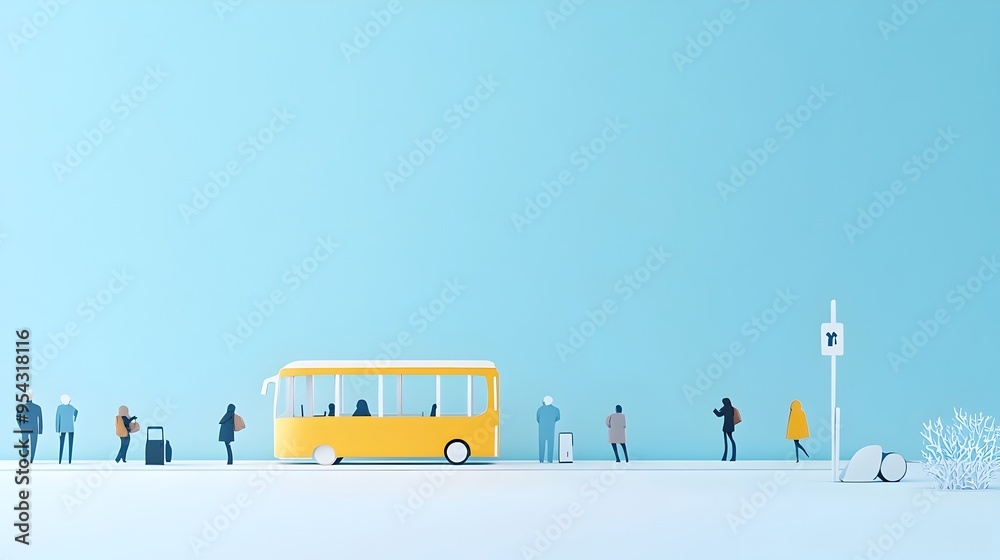 Poster people waiting at a paper cut bus stop symbolizing daily commute