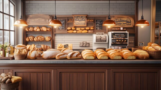 A vintage-style bakery counter with 3D-rendered freshly baked organic bread and pastries